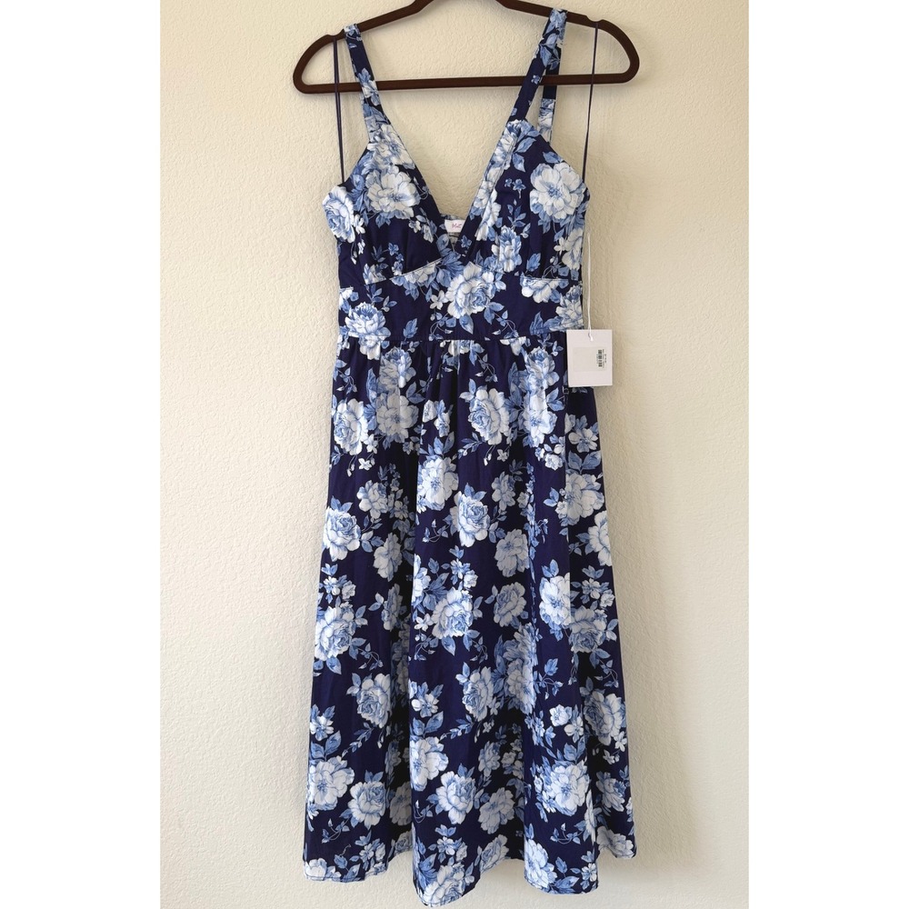 NWT Meet Me In Santorini Beth Dress Blue White Floral Midi Dress Small Coastal